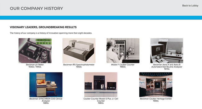 A snapshot of the Beckman Coulter History section shows a timeline of important Beckman Coulter milestones. 