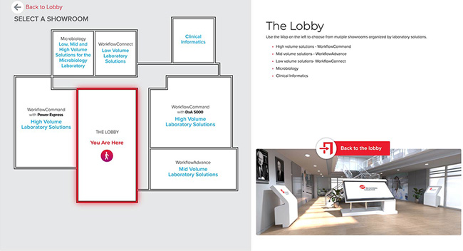 A snapshot of the lobby shows a map where users can select what room they would like to enter. 