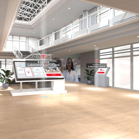 Snippet of the Beckman Coulter Virtual Showcase shows the main lobby where users can explore laboratory solutions in 3D