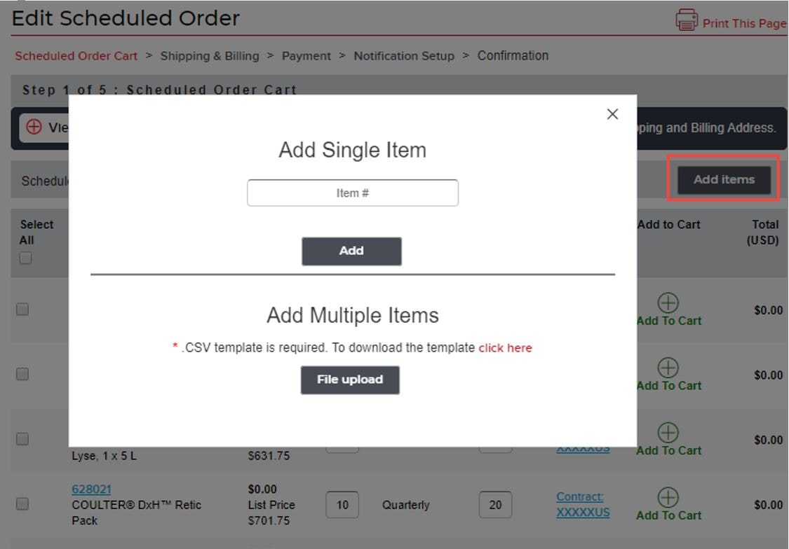 Order management screen, showing multiple options for adding items to a scheduled order