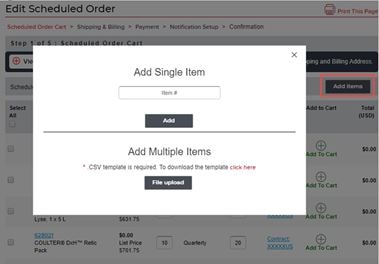 Order management screen, showing multiple options for adding items to a scheduled order