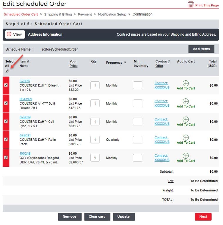 Order management screen, select all box checks all items with a single click